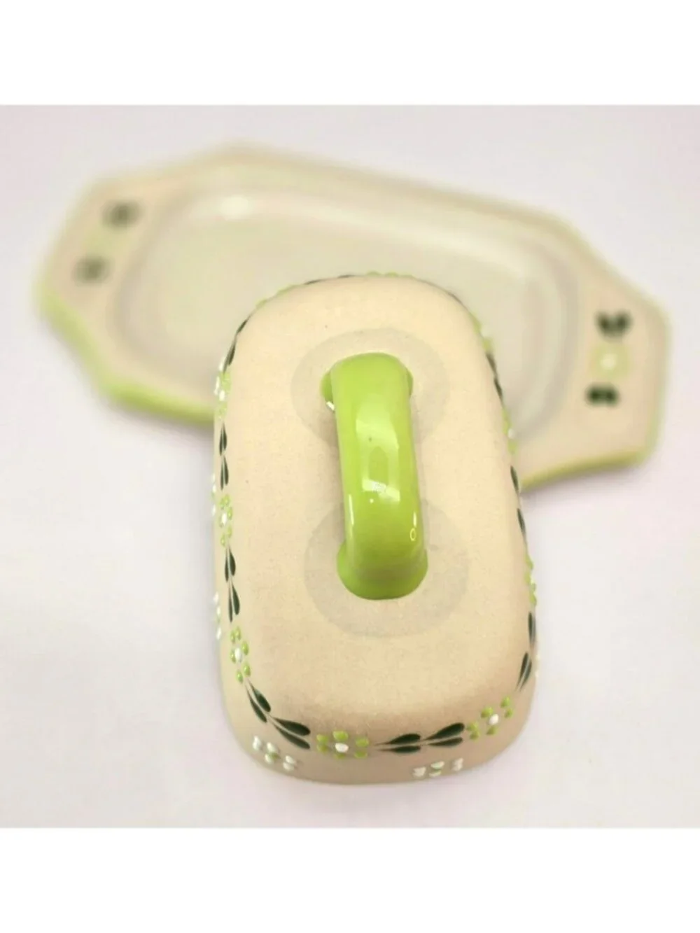 Vintage Ceramic Butter Dish & Lid With Green Floral Design Hand-Painted CM2352